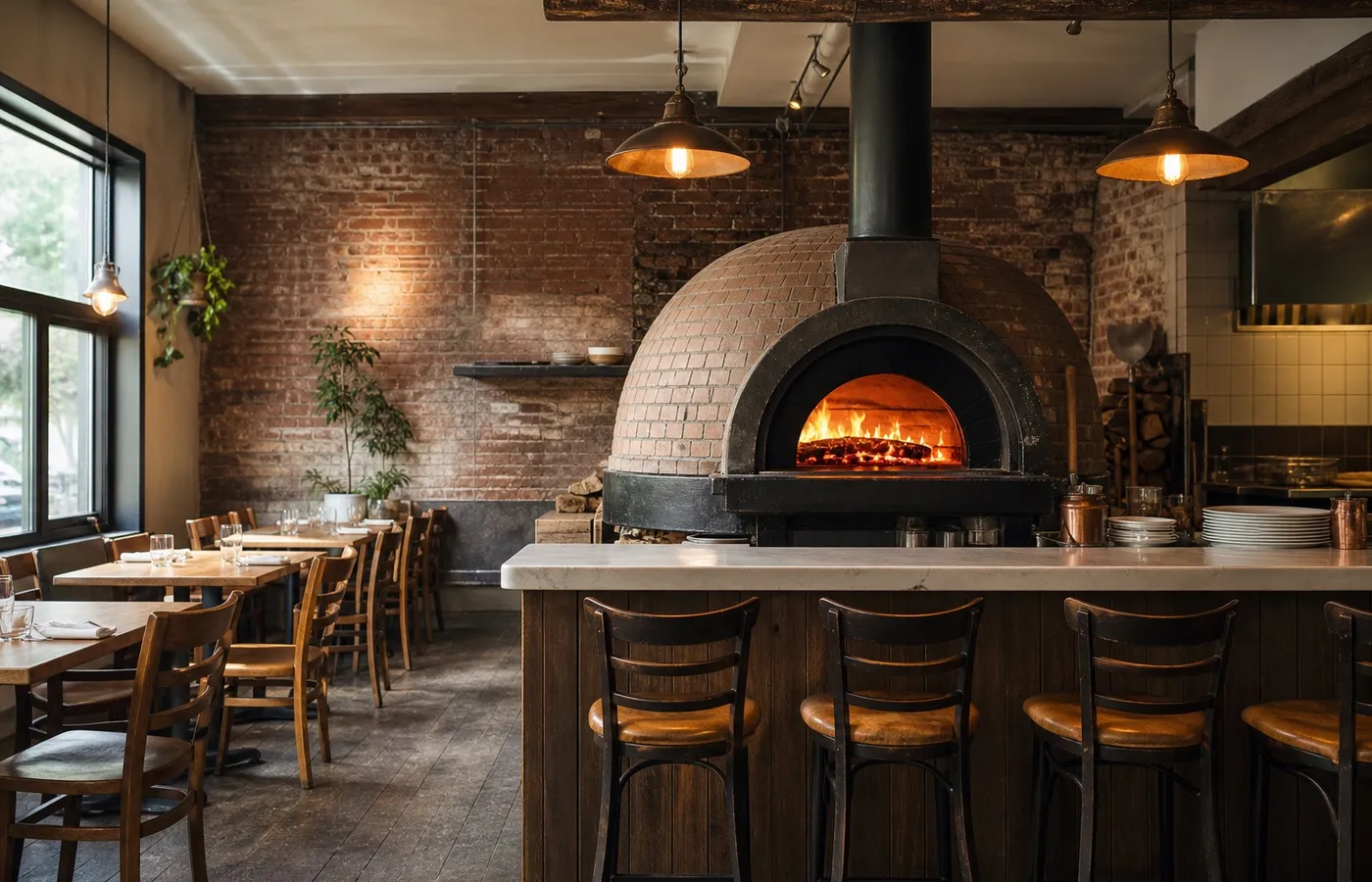 Wood-fired pizza oven in a small Brooklyn restaurant.