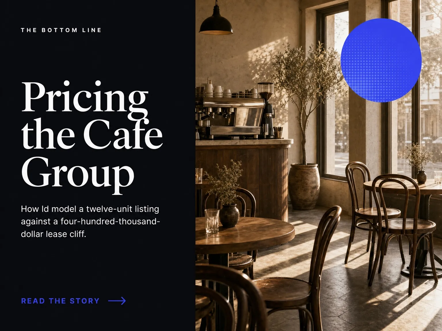 Cover-story composition: dark left panel with the column kicker THE BOTTOM LINE, headline 'Pricing the Cafe Group', a dek about a $400K lease cliff, and a 'Read the story' link in electric blue; right panel shows a sepia-toned empty Austin all-day cafe interior with warm afternoon light and a saturated blue circle overlay in the upper right.