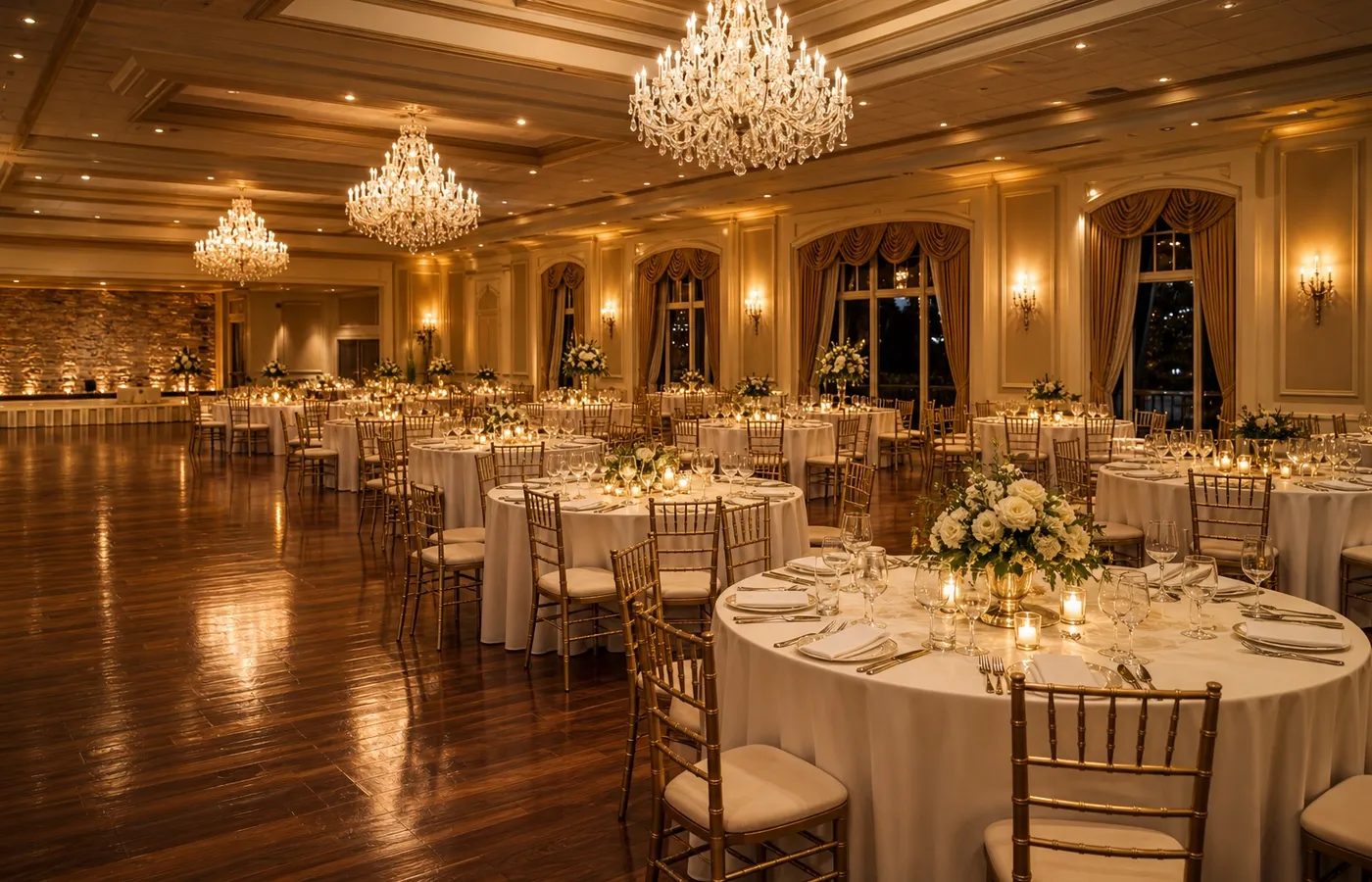 Empty banquet hall set up for evening service.
