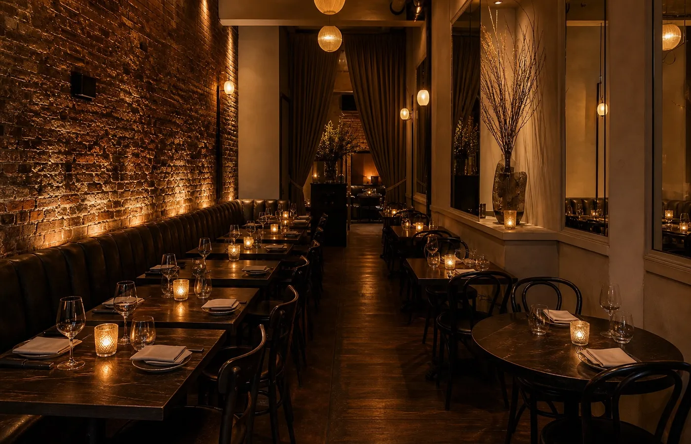 Quiet tasting menu dining room with low lighting.