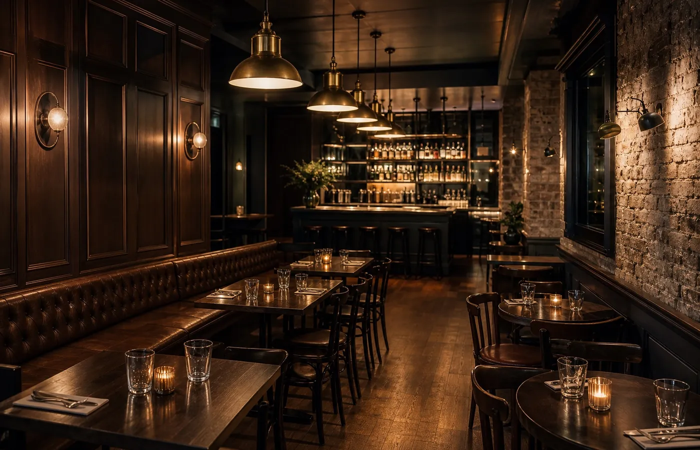 Modern British gastropub interior, late afternoon.