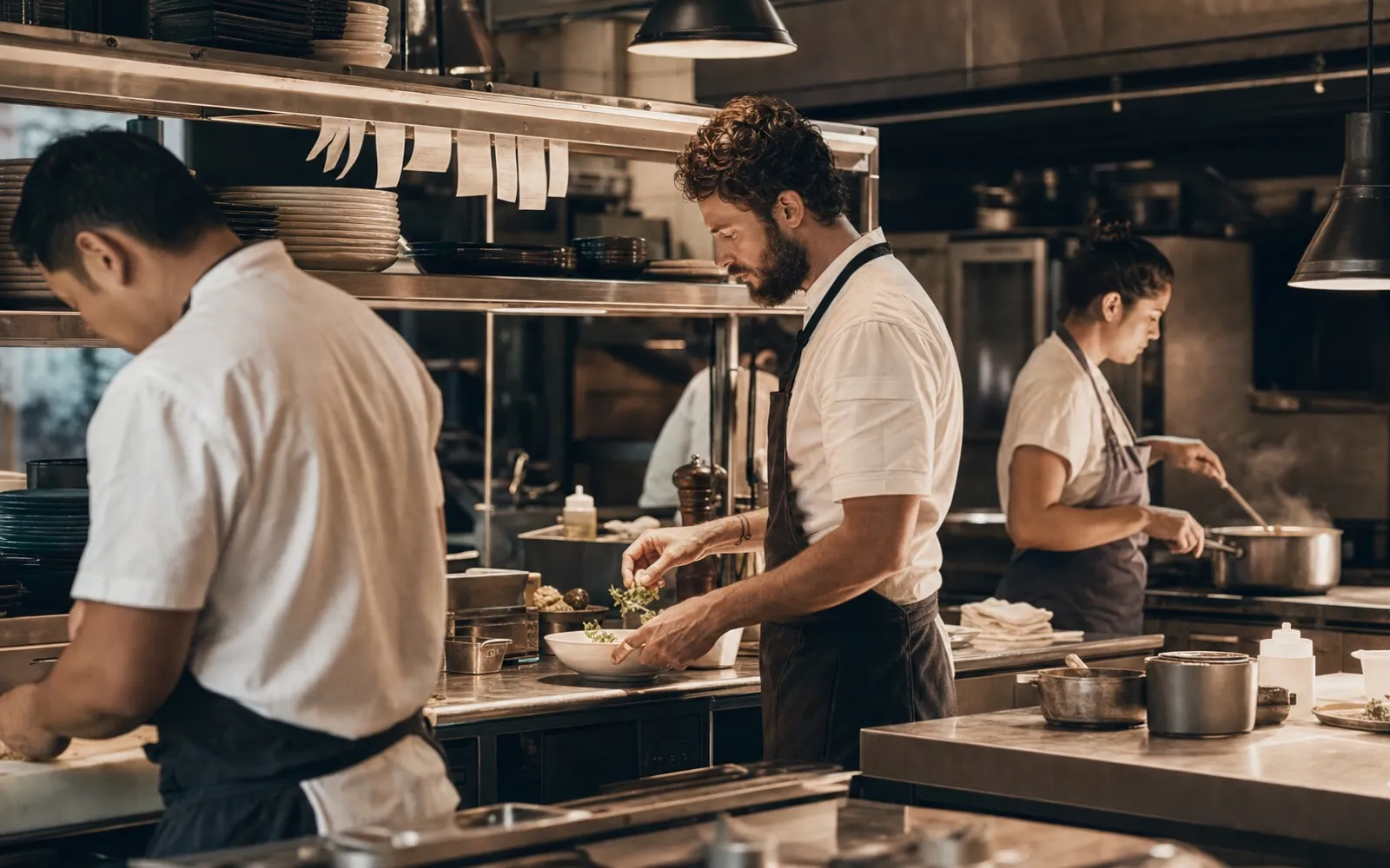 A working restaurant kitchen mid-prep, warm overhead light.