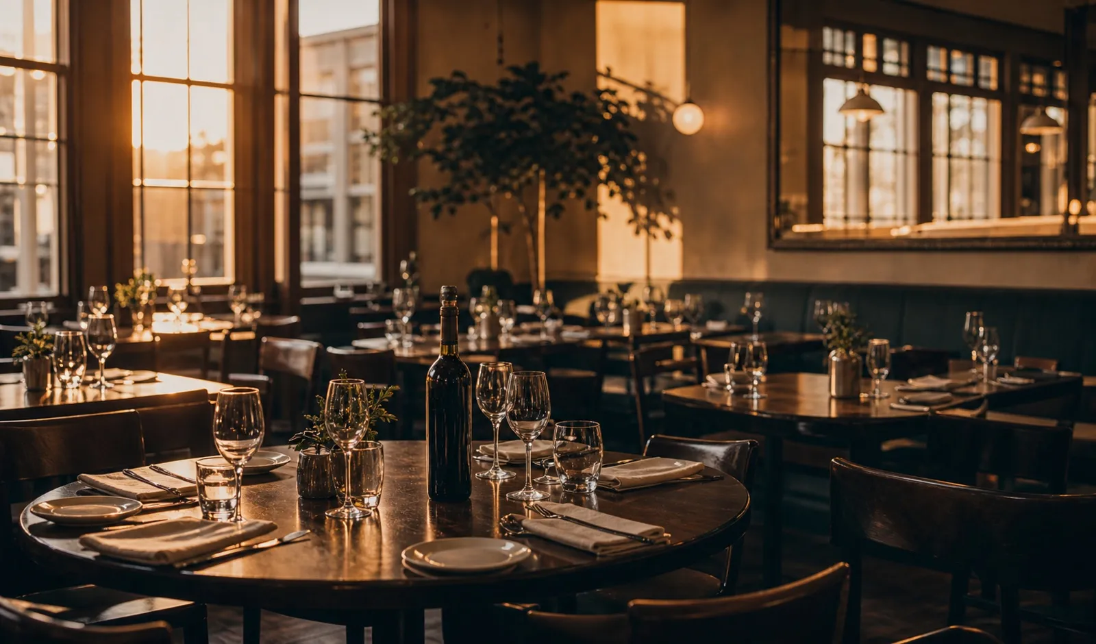 An empty stylish restaurant dining room at sunset.