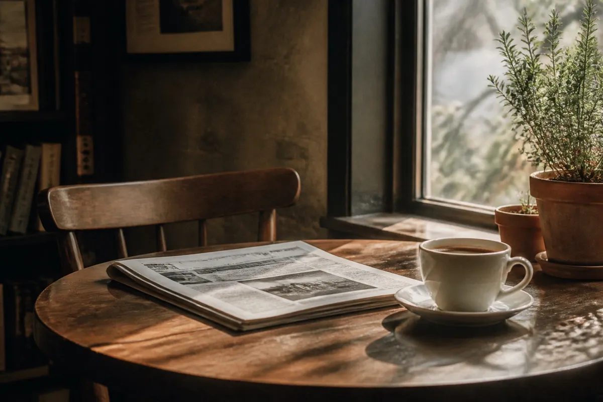 A coffee cup and a printed newsletter on a wooden table.