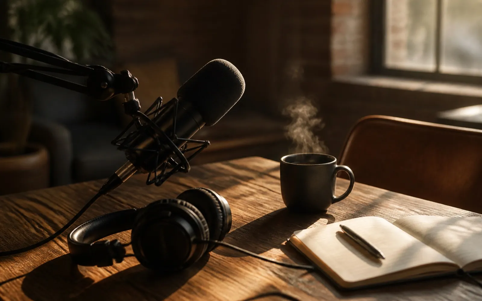 A studio microphone on a wooden desk under warm light.